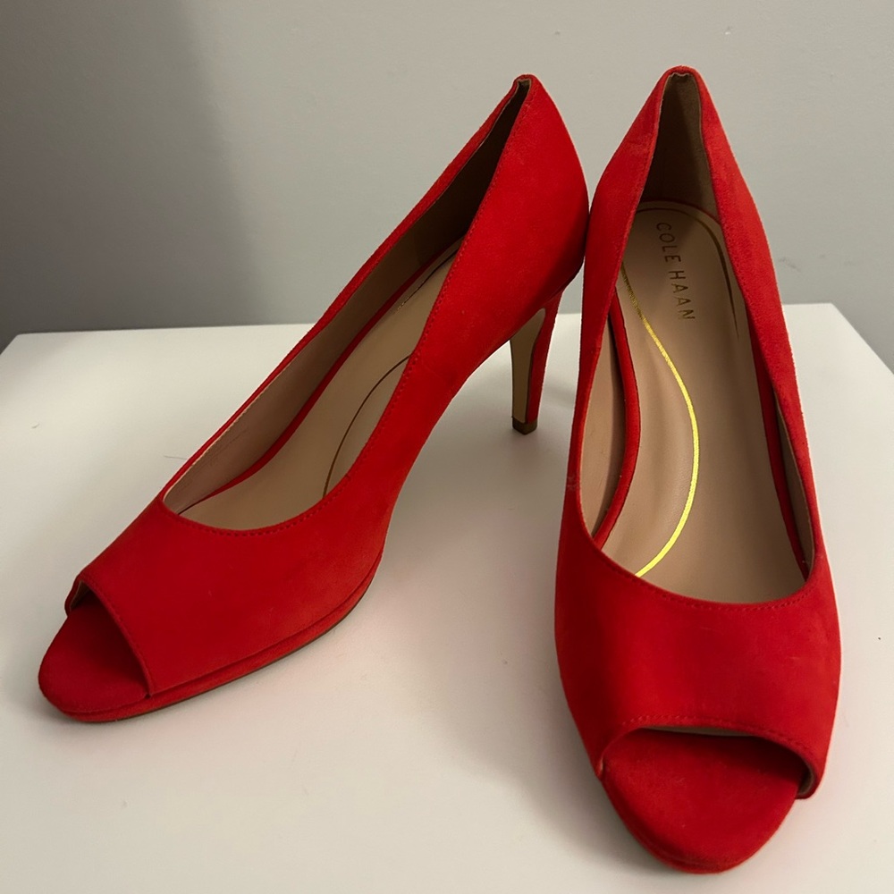 Cole Haan Suede Red Peep Toe Heels